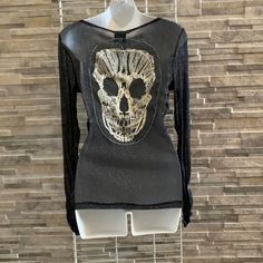 Top W/ Skull Embroidery Detail On Back Stretch Skull Print Tops For Fall, Fitted Skull Print Tops For Fall, Skull Print Top For Summer Party, Skull Print Party Tops For Summer, Summer Party Top With Skull Print, Casual Skull Print Top For Party, Skull Embroidery, Frill Tops, Chiffon Wrap