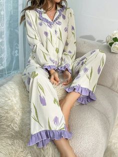 Women's Tulip Printed Ruffled Hem Pajama Set Apricot Cute  Long Sleeve Woven Fabric Plants Pant Sets Slight Stretch All,Fall/Winter Women Sleep & Lounge, size features are:Bust: ,Length: ,Sleeve Length: Button Down Pajama Set, Ruffle Pajama Set, Pj Sets Women, Korean Pjs, Romantic Pants, Cottagecore Loungewear, Pajama Pants Outfit, Sleepwear Women Nightwear, Kawaii Pajamas