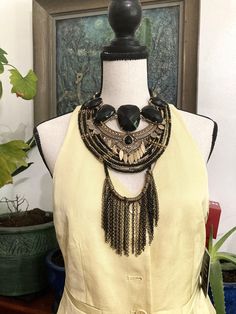 4, Layered Necklaces, Black & Gold, Chunky Necklaces, Necklace Collection, Styled by Potion BOLD! A Multi strand, chain fringe, & two bib necklaces. Four outstanding necklaces to layer or group.  16 to 24" See our other necklace collections here:  https://www.etsy.com/shop/BrickCity?section_id=18315960 Staff: GBS in chest inv Bohemian Party Chain Necklace With Adjustable Chain, Bohemian Long Bib Necklaces For Party, Bohemian Black Necklace For Party, Bohemian Long Bib Necklace For Parties, Black Chain Necklaces For Festivals, Black Fringe Jewelry For Festival, Black Bohemian Necklace With Chain, Bohemian Black Chain Jewelry, Bohemian Black Chain Necklace