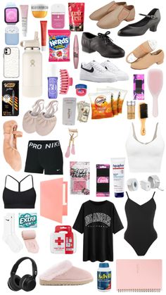 a collage of women's clothing, shoes and other items on a white background