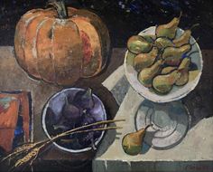 a painting of some fruit on a table