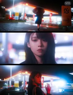 two different shots of a woman walking in front of a gas station at night and on the street