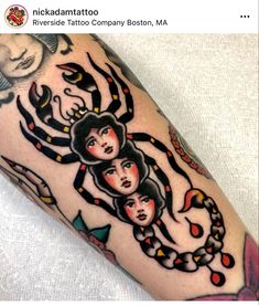 a close up of a person's arm with tattoos on it and an image of two women