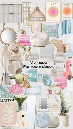 a collage of different items and colors in the same room, with text that reads my inspo for room decor