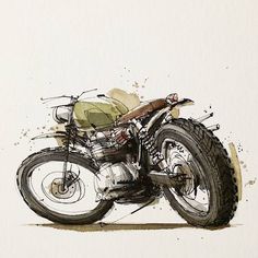 a drawing of a motorcycle is shown in black and white colors, with watercolor on paper