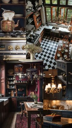 an old fashioned kitchen is shown in this collage