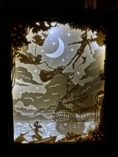 an image of a window that is in the shape of a boat at night with stars and moon