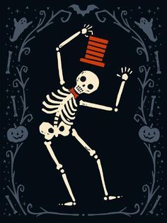 a skeleton with a chair on it's back in front of a black background