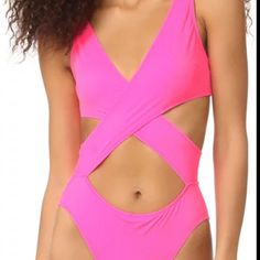 Cute Cutout Parts In Front - Signature Solid & Striped Material So Great Bathing Suit! Tags Off But Liner On, Never Worn Pink Crisscross Swimwear For Summer, Cutout One Piece, Solid & Striped, Neon Pink, Bathing Suit, Womens Swim, Bathing Suits, Neon, One Piece