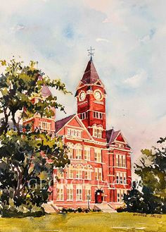 a watercolor painting of a red building with a clock tower in the center and trees around it