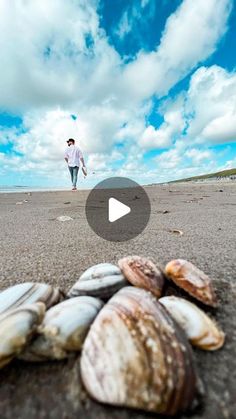 a man is walking on the beach next to seashells