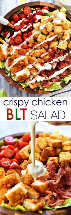 two pictures with different types of food on them and the words crispy chicken blt salad