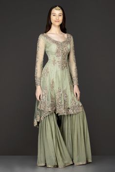 Buy Mint Green Asymmetrical Peplum Top With Silk Inner And Georgette Sharara Readymade or Customised Online. Pakistani/Indian Wedding Dress Mongas Southall, London