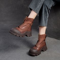 Gender: Women Type: Boots Main Materials: Cowhide Insole: Pigskin Sole: Rubber Type of Closure: Front... Casual Ankle Boots, Oxford Boots, Brown Ankle Boots, Dark Khaki, Fall Shoes, Spring Shoes, Winter Shoes, Retro Stil, Womens Boots Ankle