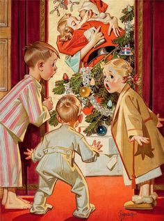 an old fashioned christmas card with two children looking at a tree and another child standing in front of it