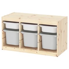 a wooden shelf with three white buckets and two grey plastic containers on the bottom