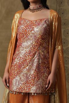 Burnt orange textured kurta with dori, sequins, coin embroidery. Paired with a palazzo and an ombre cape. - Aza Fashions Kurta Palazzo Set, Jayanti Reddy, Anushree Reddy, Orange Texture, Diana Penty, Rohit Bal, Palazzo Set, Tarun Tahiliani, Luxury Sale