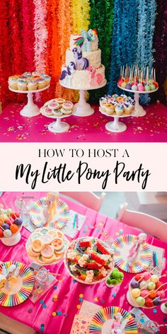 a table filled with lots of food and desserts next to a rainbow colored backdrop