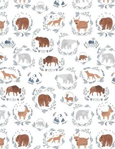 an animal themed wallpaper with bears and other animals on it's white background