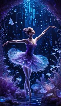 a ballerina is dancing in front of an underwater scene with butterflies and bubbles on the water