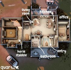 an aerial view of a house with all the rooms labeled