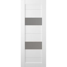 a white door with two grey stripes on the front and side paneling, against a white background