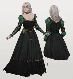 a drawing of a woman in a black dress with green sleeves and gold trims