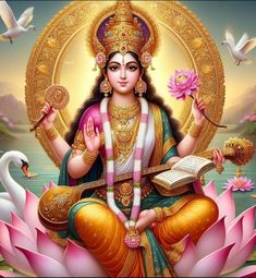 the hindu goddess sitting on top of a lotus with her hands in her pockets and holding an open book