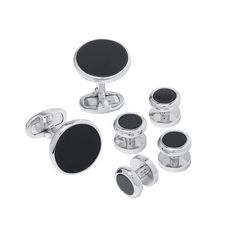 Gemstone Inlay Classic Round Sterling Silver Rim Cufflink and Tuxedo Stud Set with black onyx inlay I Jan Leslie Cufflinks and Accessories. Modern Black Jewelry For Business, White Gold Cufflinks With Polished Finish For Formal Occasions, White Gold Polished Round Cufflinks, White Gold Cufflinks For Business, White Gold Round Cufflinks With Polished Finish, Classic Formal Jewelry With Shiny Finish, Modern Polished Jewelry For Business, Black Polished Jewelry For Business, Modern Black Cufflinks For Business