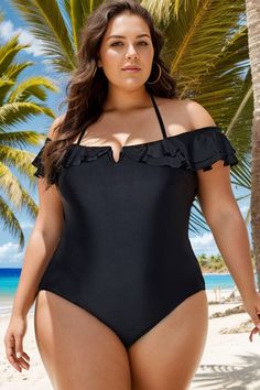 Black Flounce Off The Shoulder Ruffle One Piece Swimsuit Solid Ruffled Bodysuit For Beach Season, Solid Color Ruffled Bodysuit For Beach Season, Ruffled Bodysuit For Beach Season, Black Ruffled Swimwear For Beach Season, Black Ruffled Bodysuit For Beachwear, Black Ruffled Bodysuit For Beach Season, New Day, One Piece Swimsuit, The Black