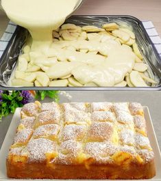 two pans filled with different types of desserts on top of a table next to each other