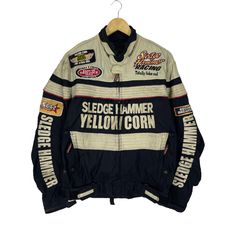 PLEASE ASK ANY QUESTION BEFORE BUYING  THIS IS USED CLOTHING PLEASE DONT EXPECTED IT TO BE LIKE NEW OR IN PRISTINE CONDITION YELLOW CORN SLEDGE HAMMER RACING TEAM JACKET tag Yellow Corn  material Polyester 100% saiz on tag L (Large) Mesasures About ( Approximately)  -Armpit to Ampit : 22 inch -Length (back collar down) : 26 inch Condition : used good condition 8/10 **No Tears No Stains And No Hole** 🎈PLEASE READ THE DESCRIPTION AND POLICY BEFORE BUYING 🎈ACCEPT PAYMENT:  PAYPAL ONLY ALL ITEM WI Retro Winter Motorcycling Outerwear, Retro Winter Motorcycle Outerwear, Retro Winter Biker Jacket For Outdoor, Retro Winter Biker Jacket, Retro Long Sleeve Biker Jacket For Outdoor, Vintage Winter Motorcycling Outerwear, Vintage Winter Motorcycle Outerwear, Motorcycle Racing Jacket, Vintage Racing Jacket