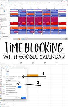 the time blocking calendar with google calendar on it and an arrow pointing to each month