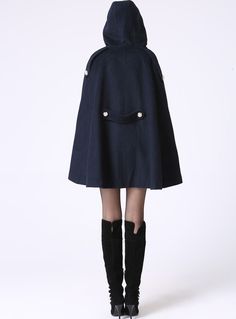 Winter Poncho With Cape Sleeves, Cape Coat Outfit, Wool Cape Coat, Navy Blue Coat, Blue Cape, Hooded Cape, Cape Style, Perfect Coat, Wool Cape