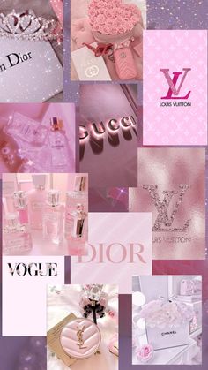 the collage shows many different items in pink and purple colors, including perfumes