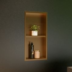 two shelves with plants and candles on them in a room that appears to be empty