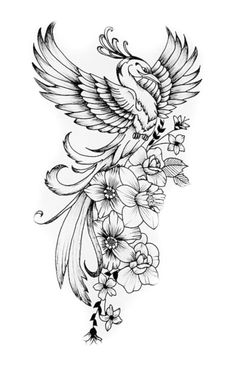 a black and white drawing of a bird with flowers on it's back side