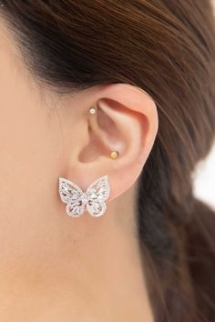 These exquisite silver crystal butterfly earrings are perfect for any occasion. Crafted from sterling silver with 14k white gold plating, they feature a stunning butterfly design. The stud finish is a superior way to keep the earrings securely in place. Material: 14k White Silver Plating, Sterling Silver Post Closure Type: Stud finish Butterfly design Weight: 3 Grams Measurement: 0.75in or 1.91cm Nonrefundable Knee High Boots Flat, Crystal Butterfly, Wardrobe Accessories, Buy Crystals, Butterfly Earrings, Keep Jewelry, Butterfly Design, Earrings Silver, Ring Bracelet