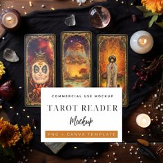 three tarot reader cards surrounded by candles and flowers