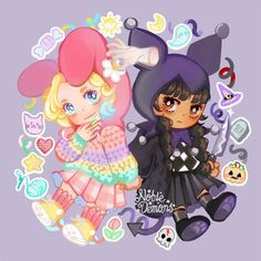 two cartoon characters are dressed up as witches and devilgirls, one is holding a candy