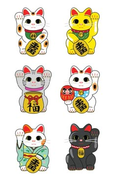 four different kinds of cat stickers on a white background, each with chinese characters