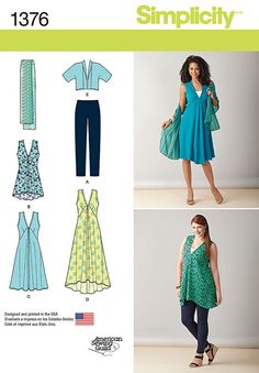 a woman in a green dress and blue pants is standing next to the sewing pattern