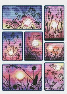 the cross stitch pattern shows four different images of sunsets and plants in purple tones