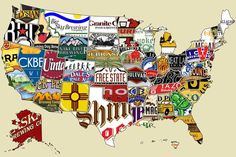 a map of the united states made up of beer cans and license plates, all labeled in different colors