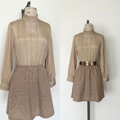 "- vintage 1970's era  retro mod dress - bodice is a silky material in a cappuccino/tan color with burgundy pinstripes - long sleeves with two buttons on each cuff - collar is a cowl mock neck, with hook closure in the back (to wear as a turtleneck) - skirt is a heavier polyester knit material in a textured tan and burgundy tiny grid pattern - skirt flares out a bit and falls above the knee (shortened from its original length) - gathered at waistline - zipper back closure - two side pockets in s Vintage Beige Dresses For Winter, Vintage Beige Dress For Winter, Vintage Beige Winter Dress, Retro Beige Dress For Fall, Retro Beige Long Sleeve Dress, Dress Bodice, Workers Union, Garment Workers, Pattern Skirt