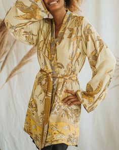 Presenting the Golden Lotus - Short Kimono, a unique piece from our slow fashion collection that's designed to radiate your confidence and individuality. This distinct piece is reversible, displaying meticulous craftsmanship and made-to-order for an opulent appearance that's sure to captivate attention. Size: Our model has the following measurements: Height: 172 cm | 5 ft 7 inches Chest: 88-94 cm | 35-37 inches She is wearing size M kimono with 85 cm | 33 inch length. Golden Lotus, Cellulose Fiber, Mesh Laundry Bags, Clothing And Textile, Short Kimono, Drying Towels, Wrinkle Remover, Viscose Fabric, Slow Fashion