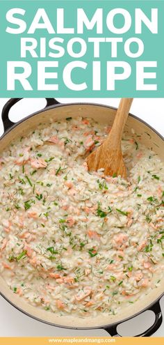 salmon risotto recipe in a skillet with a wooden spoon and text overlay