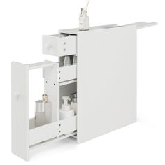 a white bathroom cabinet with its doors open