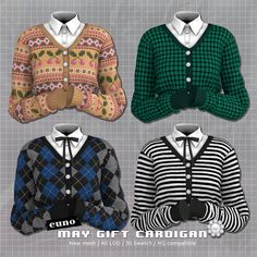 three sweaters with different patterns on them and one is wearing a bow tie, the other has a cardigan