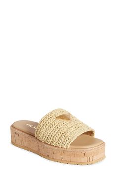 Prada Raffia Platform Slide Sandal available at #Nordstrom Prada Raffia, Versace Ring, Cult Gaia Bag, Men Dior, Tory Burch Dress, Flatform Sandals, Platform Slides, Raffia Bag, Marc Jacobs Bag